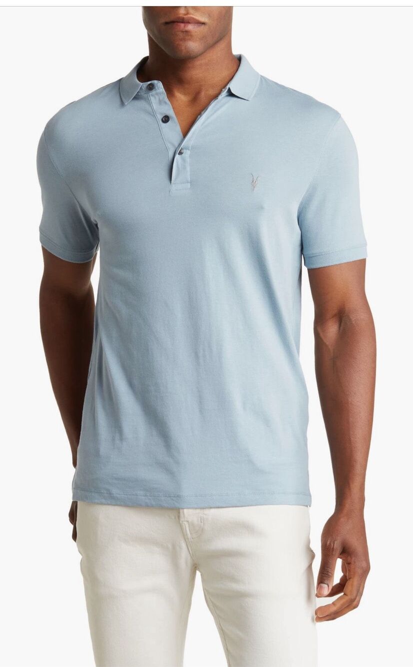 NWT All Saints Allsaints Ramskull Vidal Short Sleeve Polo Shirt Blue Size Small